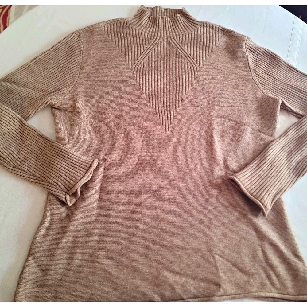 Charlie B Womens XL Sweater Taupe Mock Neck Ribbed Geometric Knit Long Sleeve